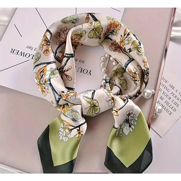 Botanical Satin Scarf Beige-Green Square Silk Feel Head Wrap 27" NWT - Picture 2 of 5